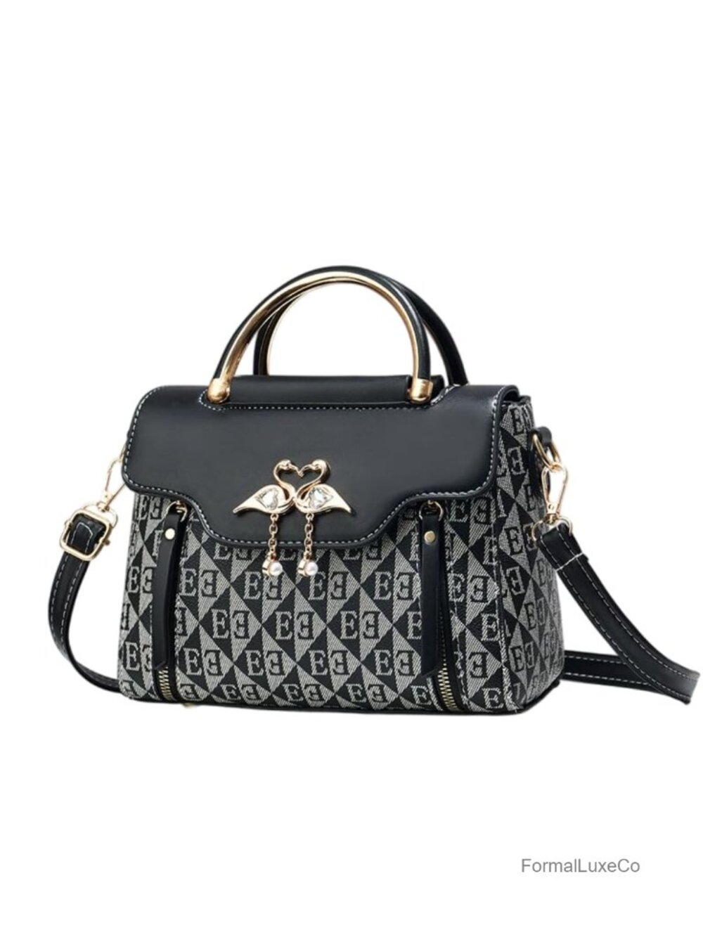 Elegant Monogram Flamingo Faux Leather Satchel Handbag with Pearl Charms
